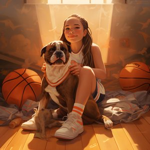 10歳の少女が愛犬と地面に座り、写真の入ったフォルダーを持って待っている。