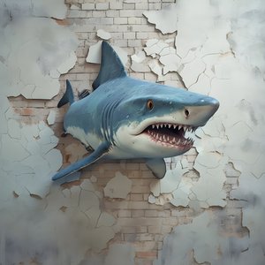 古い壁に描かれた顔の青いサメ 1