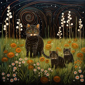 家の前の背の高い緑の草の中で、猫がチューをしている。