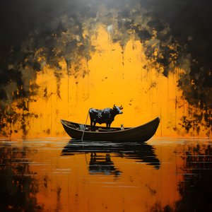 湖上のボートに乗った牛 1