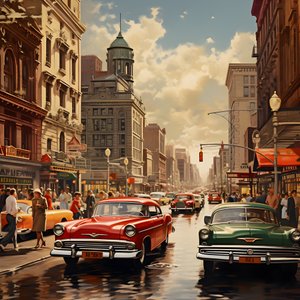 赤い車が走る50年代の街 3