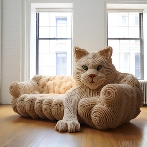リアルなリビングルームに巨大なかぎ針編みの猫 1