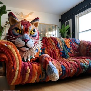 リアルなリビングルームに巨大なかぎ針編みの猫 2