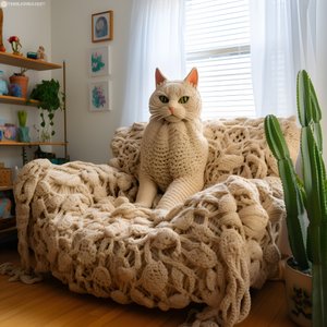 リアルなリビングルームに巨大なかぎ針編みの猫 3