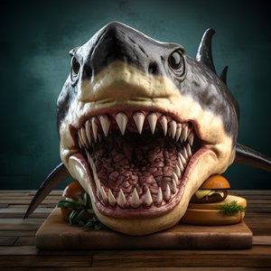 大きなサメの頭のチーズバーガー、牛肉入り、木製ボード 1