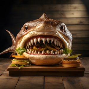 ラージ・シャークヘッド・チーズバーガー、ビーフ、木製ボード 2 作： Kurt Heppke