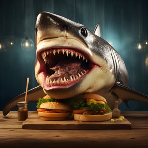 大きなサメの頭のチーズバーガー、牛肉入り、木製ボード 3