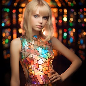 14歳の金髪美少女がカラフルなティファニーのステンドグラスのドレスを着る 1