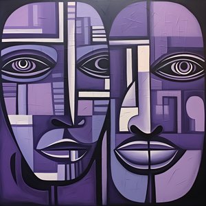紫とグレーの幾何学絵画紫の目3