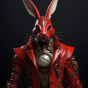 赤いフロックコートを着た、擬人化されたサイバネティック・クロックパンク・アンドロイド・バニー（男性） 1