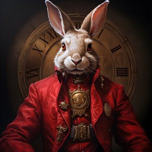 赤いフロックコートを着た、擬人化されたサイバネティック・クロックパンク・アンドロイド・バニー（男性） 3