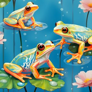 水彩画2からの雨の上のユリの葉の上に座っているかわいいオレンジと黄色の漫画のカエルの絵のシームレスパターン。