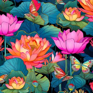 蓮の花と蝶のシームレスパターン 3