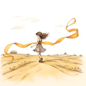リボンをつけて踊る少女の素朴な絵 1