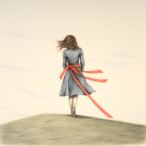 リボンをつけて踊る少女の素朴な絵 3