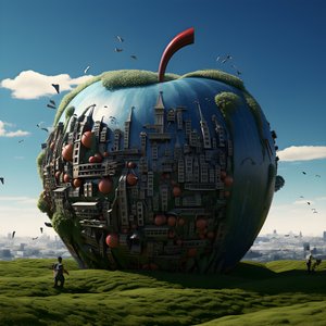 小窓の多い畑の中の巨大なリンゴ 1