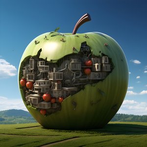 小窓の多い畑の中の巨大なリンゴ 2