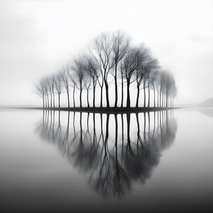 水辺の木々のモノクロ写真 3