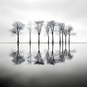 水辺の木々のモノクロ写真 4