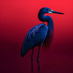 赤い紙に描かれたエキゾチックなコバルトブルーの白鷺のシンセウェーブ・デジタル・ファインアート作品 3