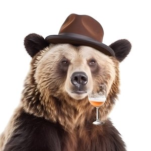 白地にビールジョッキを持った帽子をかぶった熊の横顔。