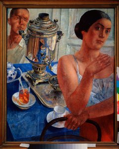 サモワール周辺。 （日常生活のシーン、カップルがお茶を飲んでいる）。 Kuzma Sergeyevich Petrov Vodkin (Petrov-Vodkin) (Kouzma Petrov Vodkin) (Petrov-Vodkin) (1878-1939)、キャンバスに油彩による絵画
