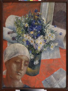 花と女性の頭。 Kuzma Sergeevich Petrov Vodkin (Petrov-Vodkin) (Kouzma Petrov Vodkin) (Petrov-Vodkin) (1878-1939)、キャンバスに油彩による絵画