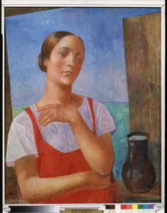 夏のドレスを着た若い女性。 Kuzma Sergeevich Petrov Vodkin (Petrov-Vodkin) (Kouzma Petrov Vodkin) (Petrov-Vodkin) (1878-1939)、キャンバスに油彩による絵画 作： Kuzma Sergeevich Petrov Vodkin