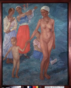 朝。 入浴者。 （女性は裸の母と子の後ろで着替えます）。 Kuzma Sergeyevich Petrov Vodkin (Petrov-Vodkin) (Kouzma Petrov Vodkin) (Petrov-Vodkin) (1878-1939)、キャンバスに油彩による絵画 作： Kuzma Sergeevich Petrov Vodkin