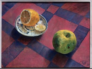 アップルとレモン。 （リンゴとレモン）。 Kuzma Sergeevich Petrov Vodkin (Petrov-Vodkin) (Kouzma Petrov Vodkin) (Petrov-Vodkin) (1878-1939)、キャンバスに油彩による絵画 作： Kuzma Sergeevich Petrov Vodkin