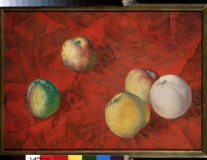 赤の背景にリンゴ。 (赤の背景にりんご)。 Kuzma Sergeyevich Petrov Vodkin (Petrov-Vodkin) (Kouzma Petrov Vodkin) (Petrov-Vodkin) (1878-1939)、キャンバスに油彩による絵画 作： Kuzma Sergeevich Petrov Vodkin