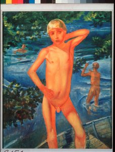 男の子の水浴び。 Kuzma Sergeevich Petrov Vodkin (Petrov-Vodkin) (Kouzma Petrov Vodkin) (Petrov-Vodkin) (1878-1939)、キャンバスに油彩による絵画 作： Kuzma Sergeevich Petrov Vodkin