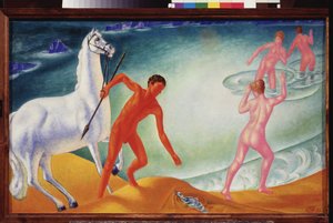 喉が渇いた戦士。 Kuzma Sergeevich Petrov Vodkin (Petrov-Vodkin) (Kouzma Petrov Vodkin) (Petrov-Vodkin) (1878-1939)、キャンバスに油彩による絵画 作： Kuzma Sergeevich Petrov Vodkin