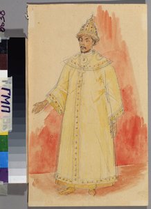 モデスト・ムソルグスキー(1839-1881)のオペラ「ボリス・ゴドゥノフ」の衣装企画。 Kuzma Sergeyevich Petrov Vodkin (Petrov-Vodkin) (Kouzma Petrov Vodkin) (Petrov-Vodkin) (1878-1939) の作品、紙に鉛筆、水彩 作： Kuzma Sergeevich Petrov Vodkin