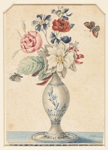 花と灰色がかった黄色の蝶の花瓶 作： L.W. Garrison