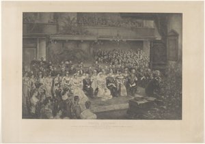 1901 年 2 月 7 日にオランダのヴィルヘルミナ女王とヘンドリック ファン メクレンブルク公爵がハーグで結婚したことを厳粛に祝福 作： L. Angerer