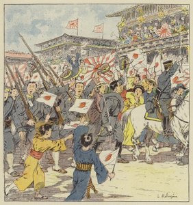 東京からの出発で群衆に歓声を上げる軍隊 作： L. Malespine