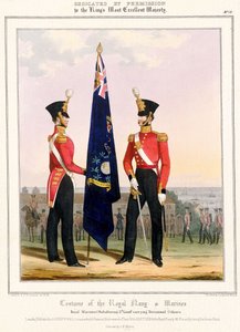 英国海軍と海兵隊のコスチューム。英国海兵隊（下士官） 2d.中尉、1832年頃（カラーリトグラフ）