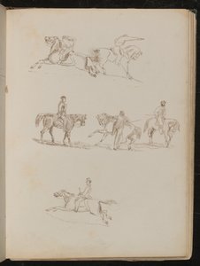 様々なポーズの男性騎手を乗せた馬の習作6点、ピストルを構えた馬の習作1点（ペンとインク 作： Lady  Butler