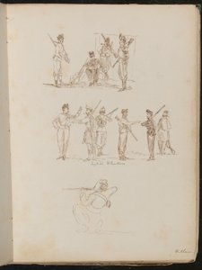 English Volunteers」と書かれた、武器を持ってくつろぐ兵士のグループの研究、ショットガンを構えてしゃがんでいる兵士の研究（ペンとインク 作： Lady  Butler
