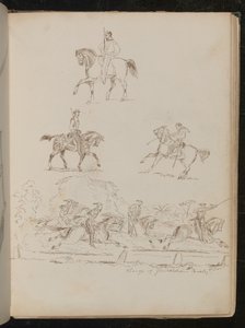 馬に乗った兵士の習作、群像には「Charge of Garibaldian Cavalry」の銘がある（ペンとインク 作： Lady  Butler