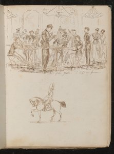 「ガエラからのニュース-ジェノヴァのカフェ」と刻まれた新聞を読む兵士たちとのカフェシーンの研究 作： Lady Butler