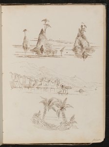 岩だらけの島々、人とボートのある水辺の風景、ヤシの木の3つの研究 作： Lady Butler