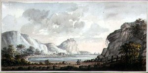 湾を見下ろす二人の人物のいる風景」1825年頃（紙に水彩画）