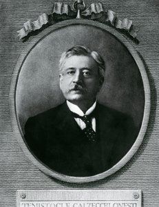 イタリアの物理学者・発明家、テミストクル・カルゼッキ・オネスティ（1853-1922）の肖像、写真をもとにした銅版画