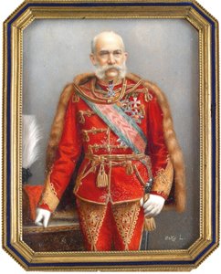 ハンガリーの制服を着たオーストリアのフランソワ・ヨーゼフ1世（1830-1916）の肖像。 Lajos Osko (1865-1922) の作品、ホーンに水彩とグワッシュ。 ハンガリーの芸術、学術芸術。 プライベートコレクション。 作： Lajos Osko