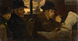 ミュンヘン中央駅の待合室で新聞を読む人々 作： Lajos Tegyey