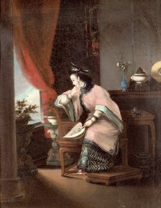 座っている中国人の女の子が窓の外を見て 作： Lam Qua