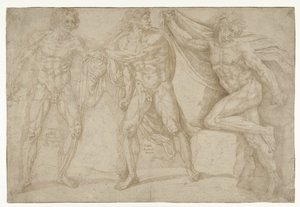 さまざまなポーズで裸の 3 人の男性 作： Lambert Lombard