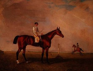 競馬場でジョッキーと一緒にいる湾岸の競走馬 作： Lambert Marshall